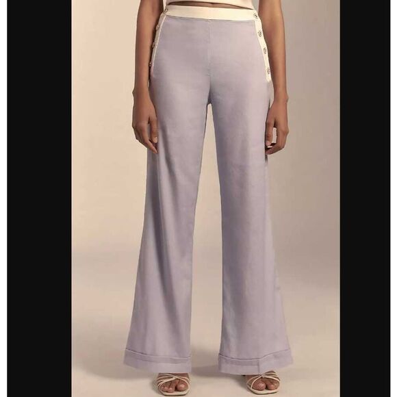 Anthropologie x Maeve linen side button Flare Wide Leg trousers Size 16 Lilac Pu - Picture 1 of 12